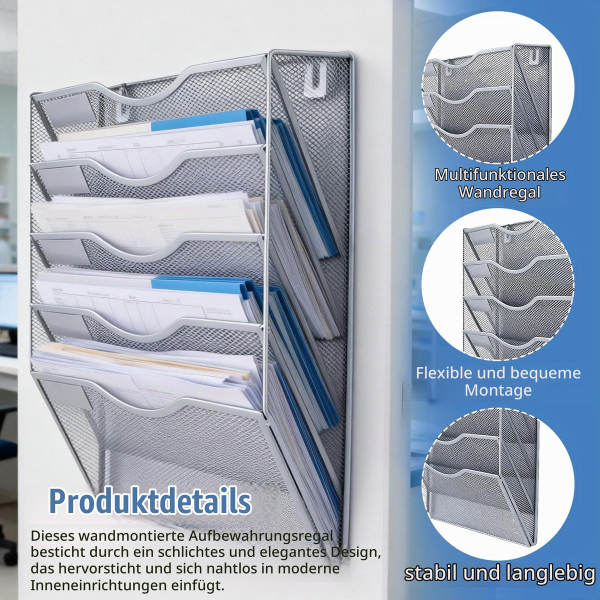 5 Fächer Zeitschriftenhalter Wand, Metall A4 Zeitschriftenhalter, Zusammensetzen Metall A4, Hängeregister Zeitschriftenständer Wand, Wandhalter Aktenablage Für Dokumente,Zeitschriften,Zeitungen,Silber