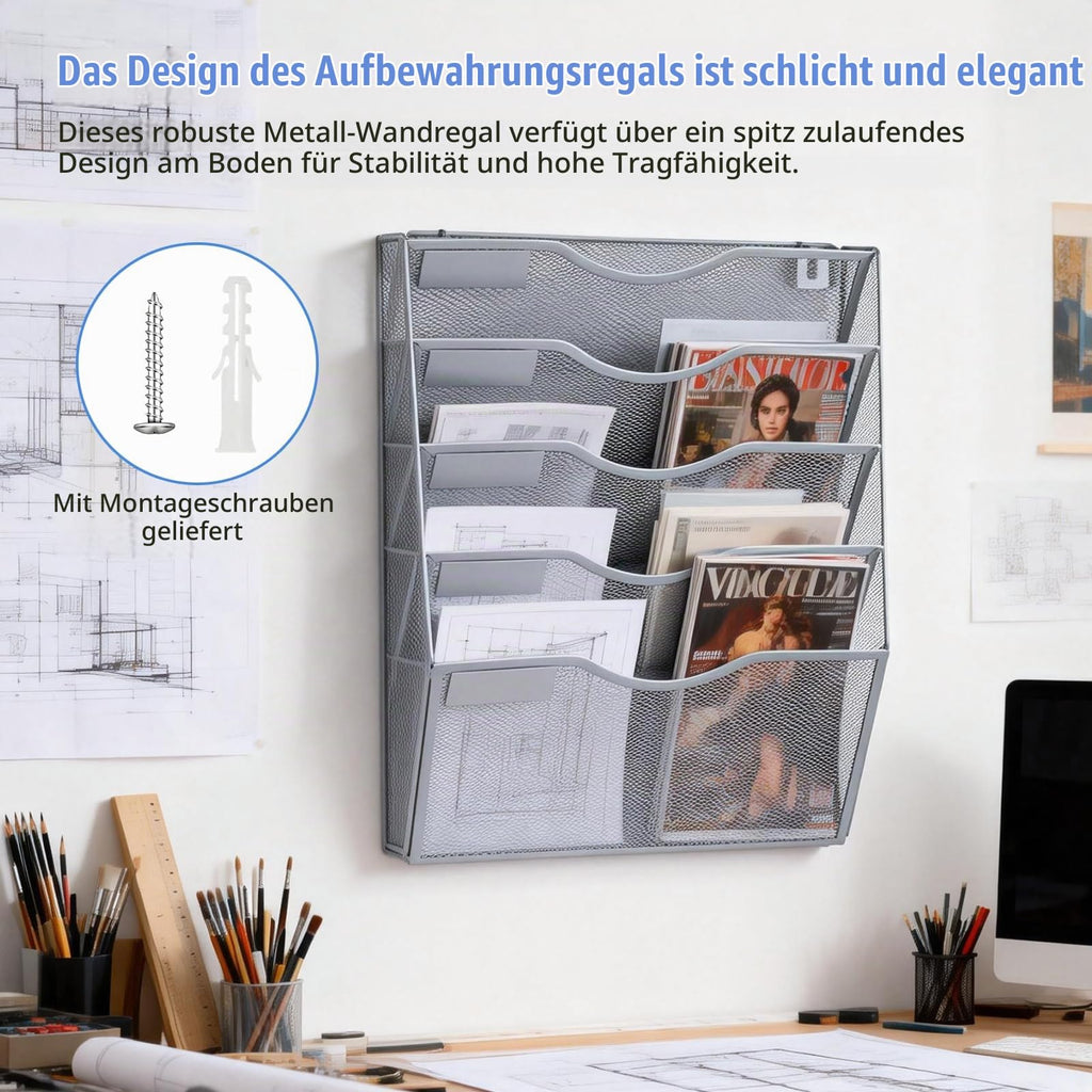 5 Fächer Zeitschriftenhalter Wand, Metall A4 Zeitschriftenhalter, Zusammensetzen Metall A4, Hängeregister Zeitschriftenständer Wand, Wandhalter Aktenablage Für Dokumente,Zeitschriften,Zeitungen,Silber