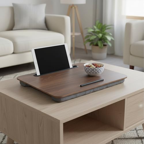 Relaxdays Laptopkissen mit Handyhalter, BxT: 42 x 32 cm, Laptopunterlage für Bett & Sofa, Laptop Knietablett, braun/grau