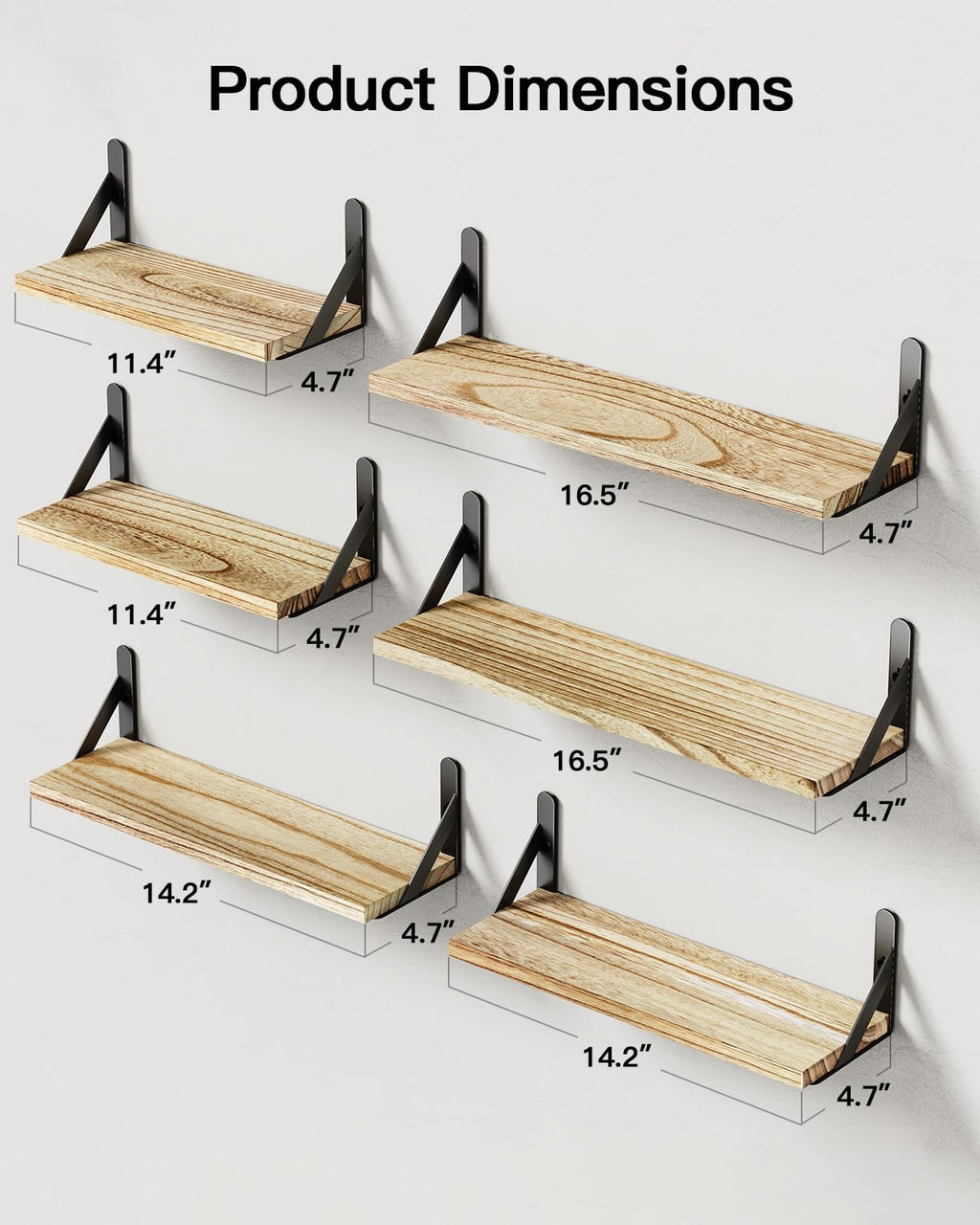 Pipishell Wandregal 6er-Set, Paulownia-Holz mit Metallhalterungen, Braun