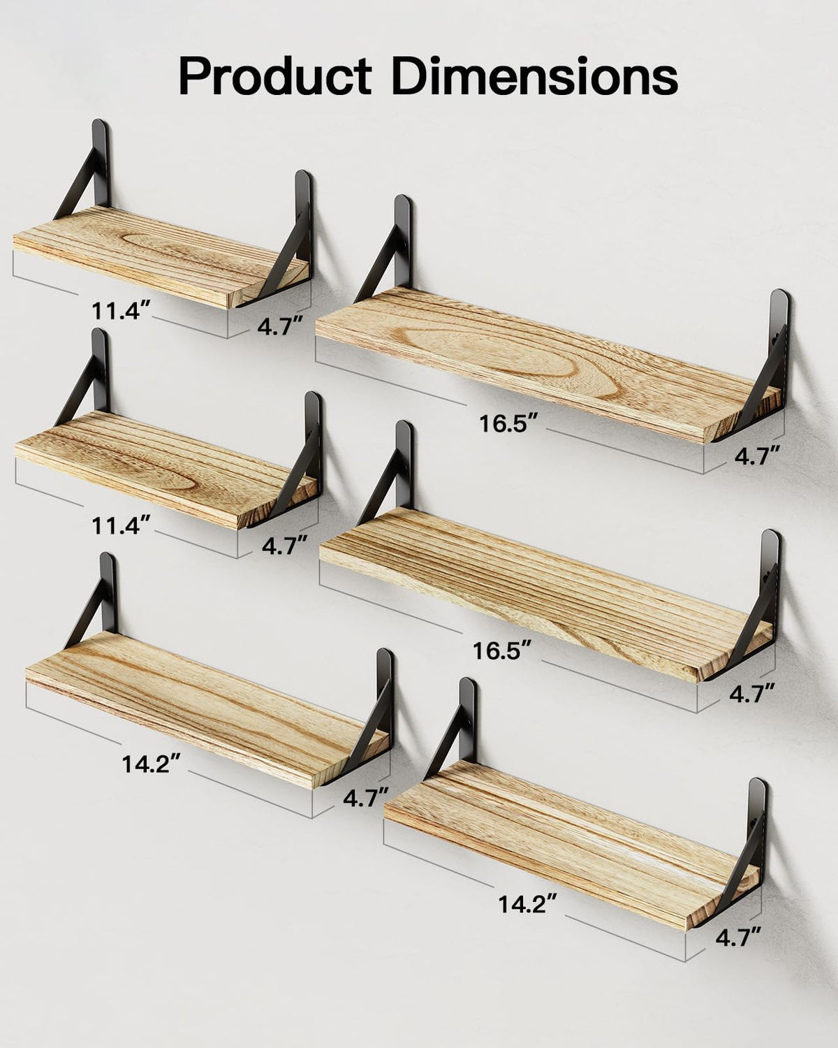 Pipishell Wandregal 6er-Set, Paulownia-Holz mit Metallhalterungen, Braun