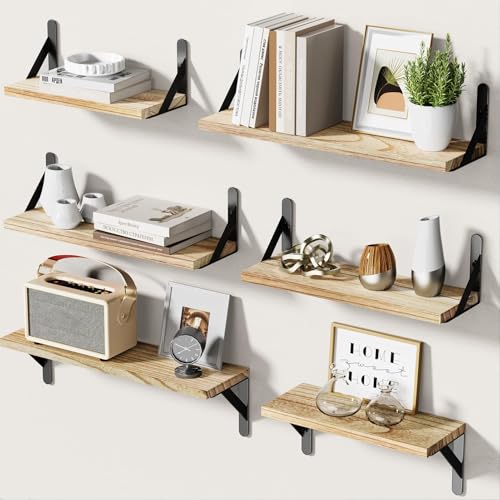 Pipishell Wandregal 6er-Set, Paulownia-Holz mit Metallhalterungen, Braun
