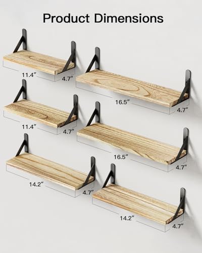 Pipishell Wandregal 6er-Set, Paulownia-Holz mit Metallhalterungen, Braun