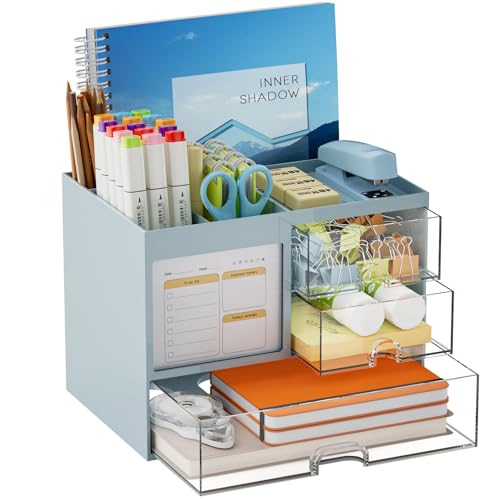 Marbrasse Schreibtisch Organizer mit 3 Schubladen,Stifthalter mit Großen Kapazität für den Schreibtisch,Büro Organizer mit 4 Fächern und Zubehör,für Büro Haus und Schule (Blau)