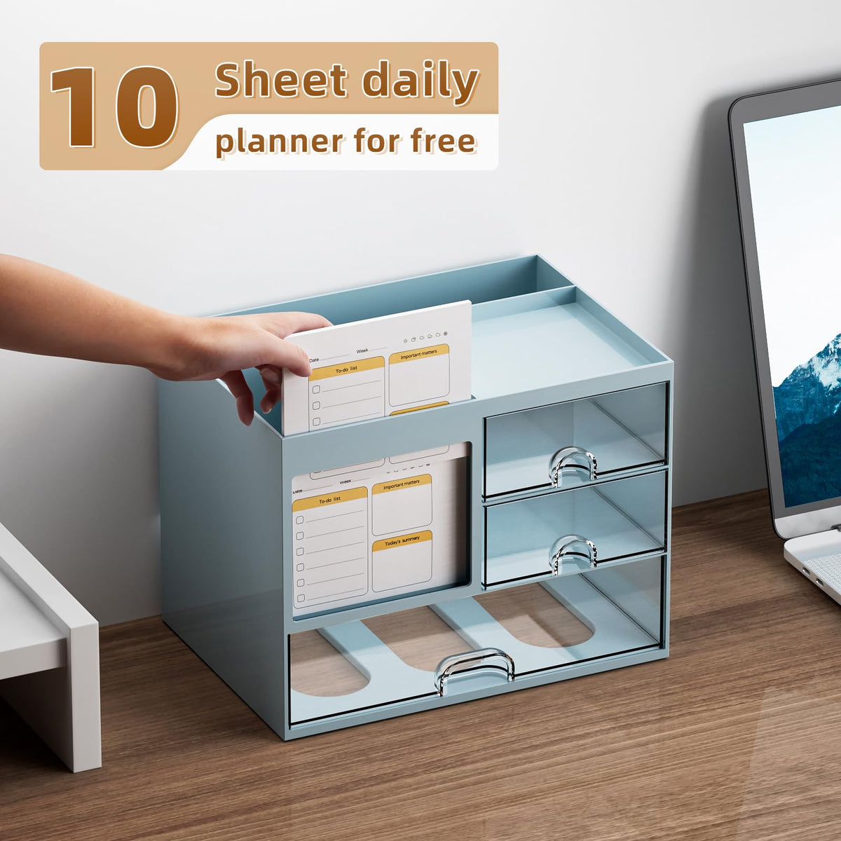 Marbrasse Schreibtisch Organizer mit 3 Schubladen,Stifthalter mit Großen Kapazität für den Schreibtisch,Büro Organizer mit 4 Fächern und Zubehör,für Büro Haus und Schule (Blau)