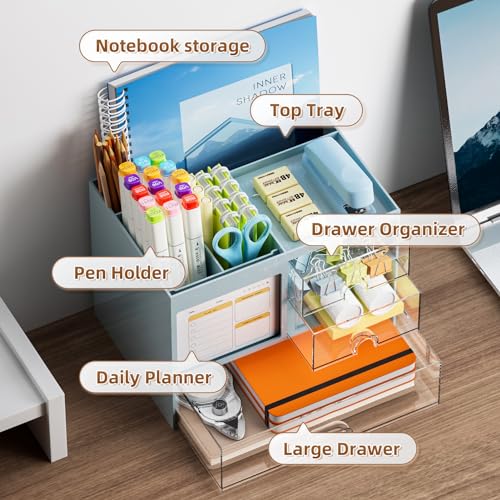 Marbrasse Schreibtisch Organizer mit 3 Schubladen,Stifthalter mit Großen Kapazität für den Schreibtisch,Büro Organizer mit 4 Fächern und Zubehör,für Büro Haus und Schule (Blau)