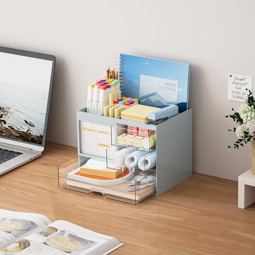 Marbrasse Schreibtisch Organizer mit 3 Schubladen,Stifthalter mit Großen Kapazität für den Schreibtisch,Büro Organizer mit 4 Fächern und Zubehör,für Büro Haus und Schule (Blau)