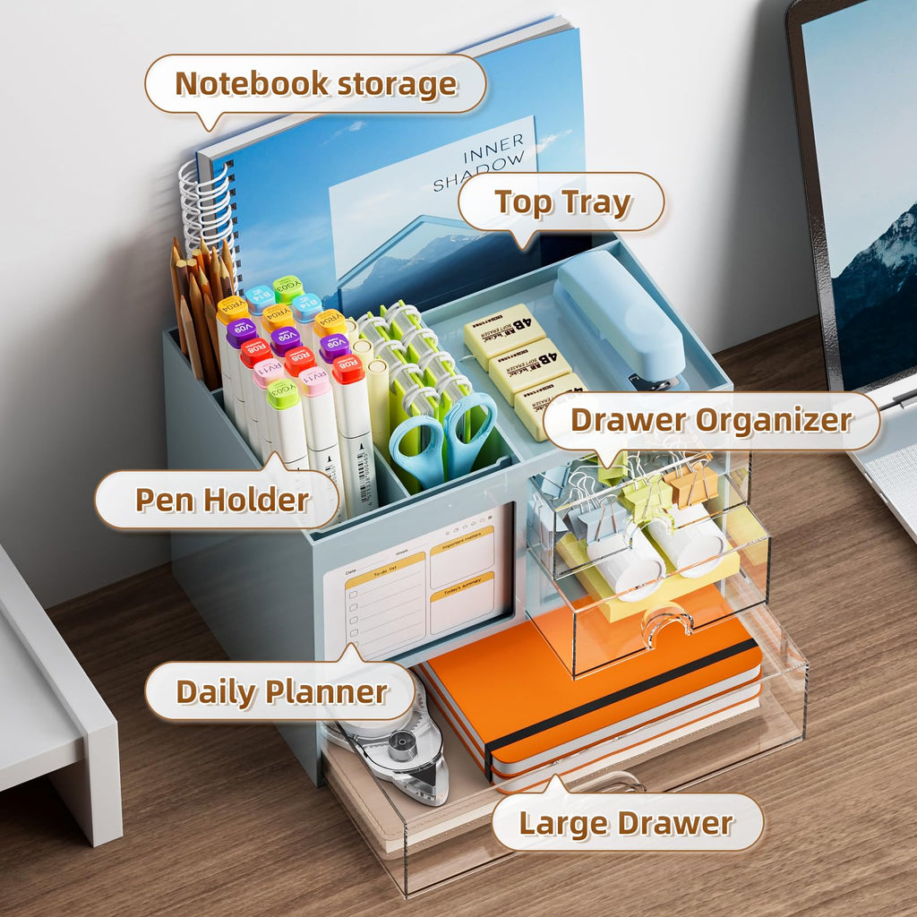 Marbrasse Schreibtisch Organizer mit 3 Schubladen,Stifthalter mit Großen Kapazität für den Schreibtisch,Büro Organizer mit 4 Fächern und Zubehör,für Büro Haus und Schule (Blau)