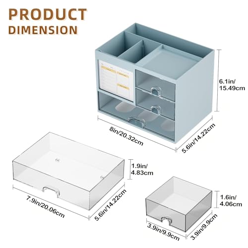 Marbrasse Schreibtisch Organizer mit 3 Schubladen,Stifthalter mit Großen Kapazität für den Schreibtisch,Büro Organizer mit 4 Fächern und Zubehör,für Büro Haus und Schule (Blau)