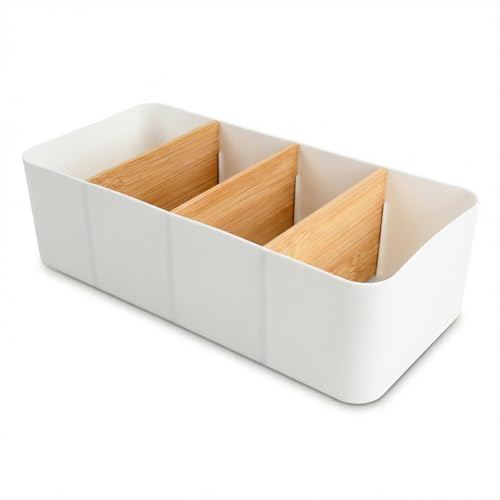 Schreibtisch Organizer, 4 Fächer Stiftehalter Bambus, Büro Organizer, Aufbewahrungsbox Desk Organizer für Stifte, Kosmetika (Weiß)