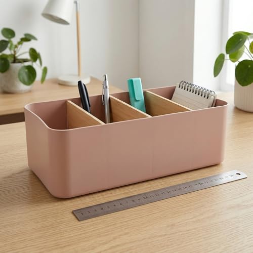 Schreibtisch Organizer, 4 Fächer Stiftehalter Bambus, Büro Organizer, Aufbewahrungsbox Desk Organizer für Stifte, Kosmetika (Weiß)