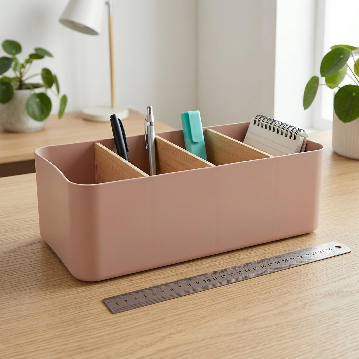 Schreibtisch Organizer, 4 Fächer Stiftehalter Bambus, Büro Organizer, Aufbewahrungsbox Desk Organizer für Stifte, Kosmetika (Weiß)