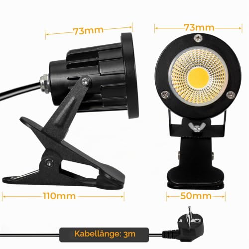 Milpoel COB LED Strahler mit Klemme, 7W, 3m Kabel, IP65 Wasserdicht, Außen- & Innenbeleuchtung (Warmweiß, 2)