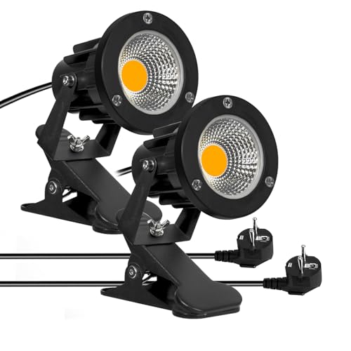 Milpoel COB LED Strahler mit Klemme, 7W, 3m Kabel, IP65 Wasserdicht, Außen- & Innenbeleuchtung (Warmweiß, 2)