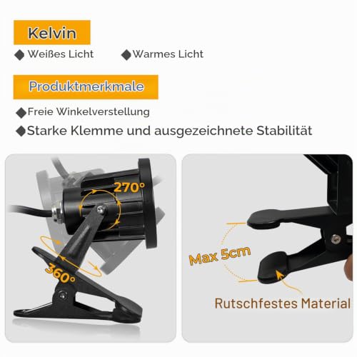 Milpoel COB LED Strahler mit Klemme, 7W, 3m Kabel, IP65 Wasserdicht, Außen- & Innenbeleuchtung (Warmweiß, 2)