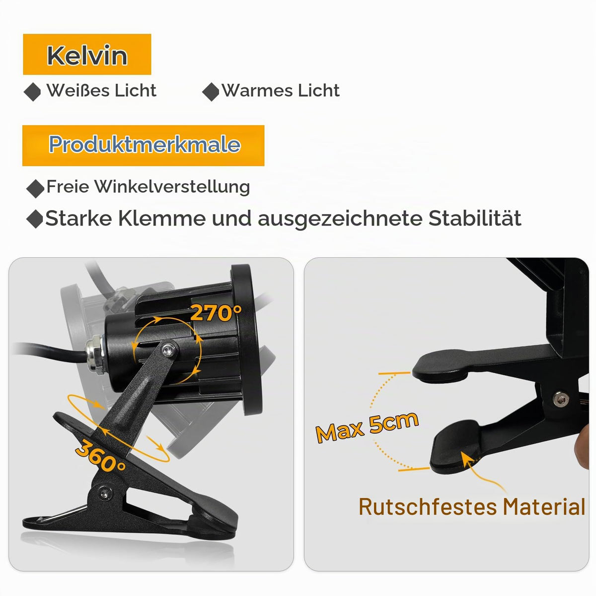 Milpoel COB LED Strahler mit Klemme, 7W, 3m Kabel, IP65 Wasserdicht, Außen- & Innenbeleuchtung (Warmweiß, 2)