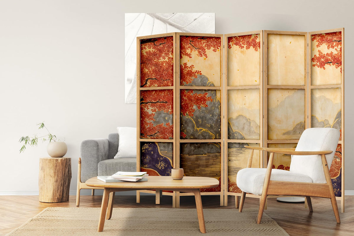 Paravent Raumteiler aus Holz 225x172 cm, 5-teilig, einseitig, im orientalischen Stil