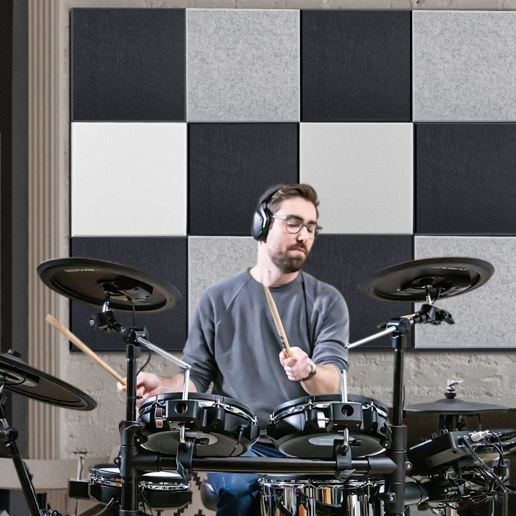 Akustikpaneele selbstklebend quadratisch 12St. JAMELO Akustikplatten aus Polyester zur Schalldämmung, 30 x 30 x 1 cm Schallabsorber Schallschutz für die Wand Decke Tür vom Studio Büro Weiß