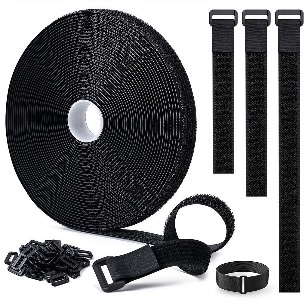 2cm x 10m Klettband mit 50 Schnallen Schneidbarer Wiederverschließbare Kabelbinder Klett Schwarz Kabel Klettband Klettbänder Rolle für Kabel Schläuche Rohre (Schwarz‎, 2cm x 10m)