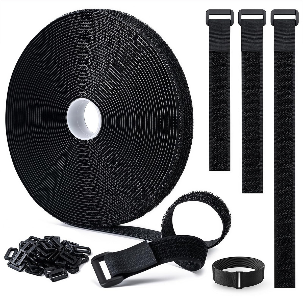2cm x 10m Klettband mit 50 Schnallen Schneidbarer Wiederverschließbare Kabelbinder Klett Schwarz Kabel Klettband Klettbänder Rolle für Kabel Schläuche Rohre (Schwarz‎, 2cm x 10m)