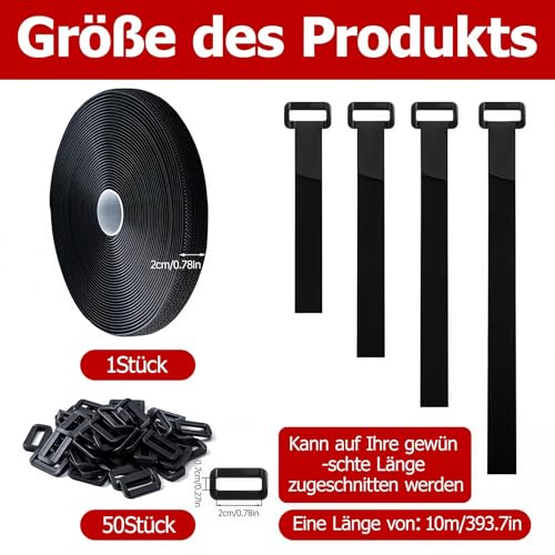2cm x 10m Klettband mit 50 Schnallen Schneidbarer Wiederverschließbare Kabelbinder Klett Schwarz Kabel Klettband Klettbänder Rolle für Kabel Schläuche Rohre (Schwarz‎, 2cm x 10m)