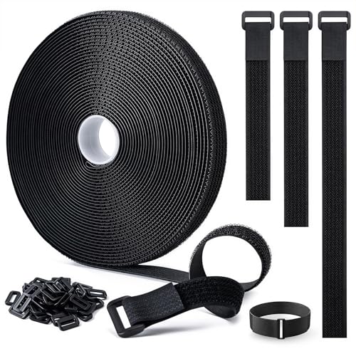 2cm x 10m Klettband mit 50 Schnallen Schneidbarer Wiederverschließbare Kabelbinder Klett Schwarz Kabel Klettband Klettbänder Rolle für Kabel Schläuche Rohre (Schwarz‎, 2cm x 10m)