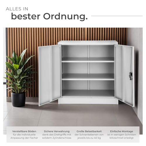 tectake® Aktenschrank abschließbar, Metallschrank mit Sicherheits-Zylinderschloss, Büroschrank abschließbar, Mehrzweckschrank aus Stahl, 3 höhenverstellbare Einlegeböden, 90 x 40 x 90 cm - grau
