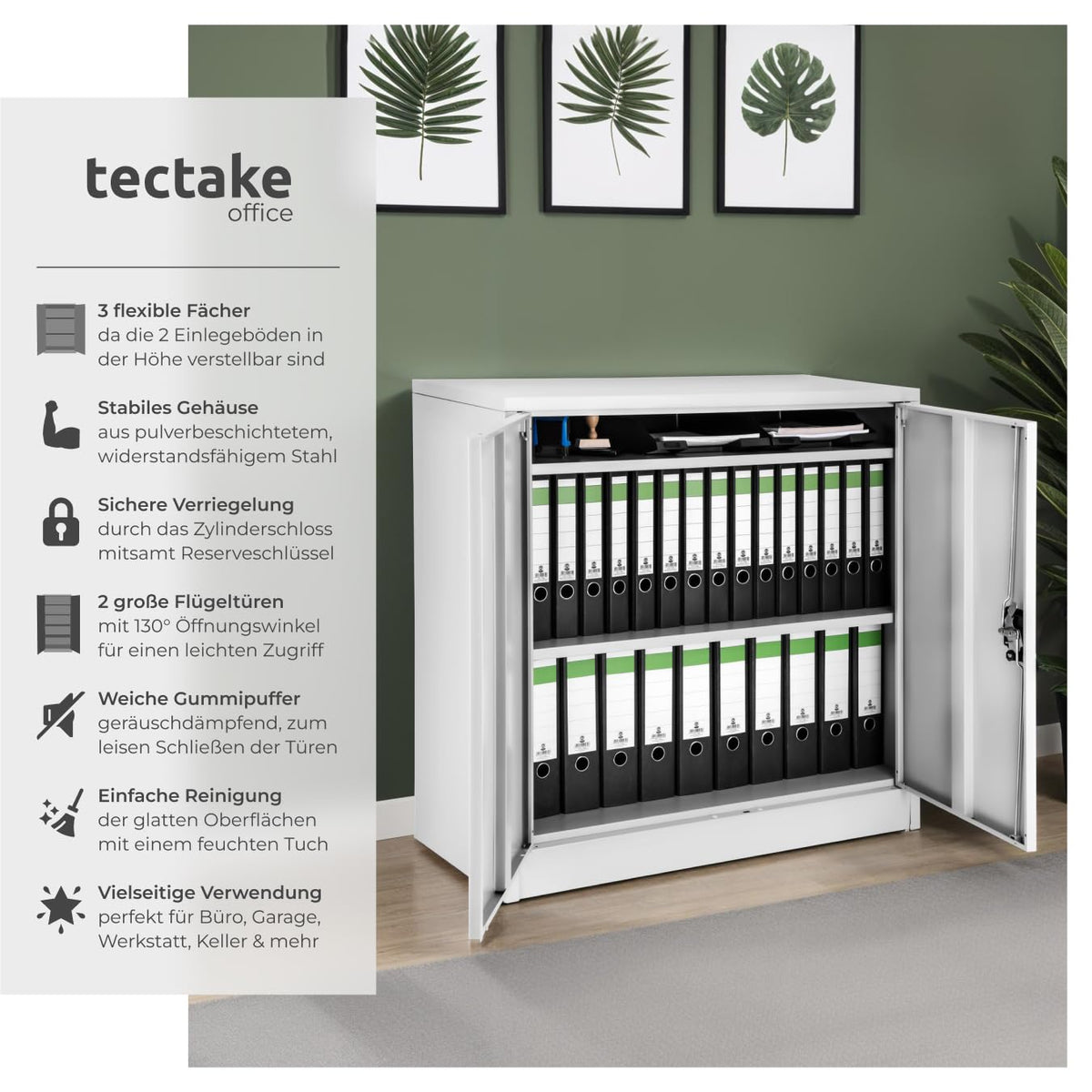 tectake® Aktenschrank abschließbar, Metallschrank mit Sicherheits-Zylinderschloss, Büroschrank abschließbar, Mehrzweckschrank aus Stahl, 3 höhenverstellbare Einlegeböden, 90 x 40 x 90 cm - grau