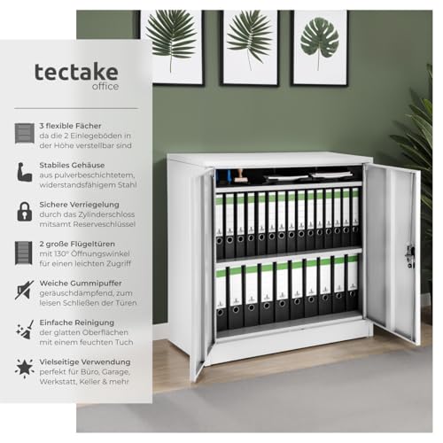 tectake® Aktenschrank abschließbar, Metallschrank mit Sicherheits-Zylinderschloss, Büroschrank abschließbar, Mehrzweckschrank aus Stahl, 3 höhenverstellbare Einlegeböden, 90 x 40 x 90 cm - grau