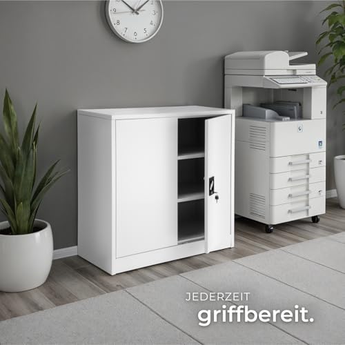 tectake® Aktenschrank abschließbar, Metallschrank mit Sicherheits-Zylinderschloss, Büroschrank abschließbar, Mehrzweckschrank aus Stahl, 3 höhenverstellbare Einlegeböden, 90 x 40 x 90 cm - grau