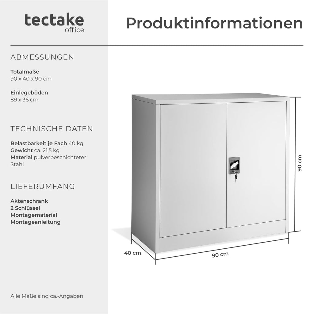 tectake® Aktenschrank abschließbar, Metallschrank mit Sicherheits-Zylinderschloss, Büroschrank abschließbar, Mehrzweckschrank aus Stahl, 3 höhenverstellbare Einlegeböden, 90 x 40 x 90 cm - grau