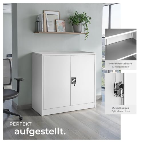 tectake® Aktenschrank abschließbar, Metallschrank mit Sicherheits-Zylinderschloss, Büroschrank abschließbar, Mehrzweckschrank aus Stahl, 3 höhenverstellbare Einlegeböden, 90 x 40 x 90 cm - grau