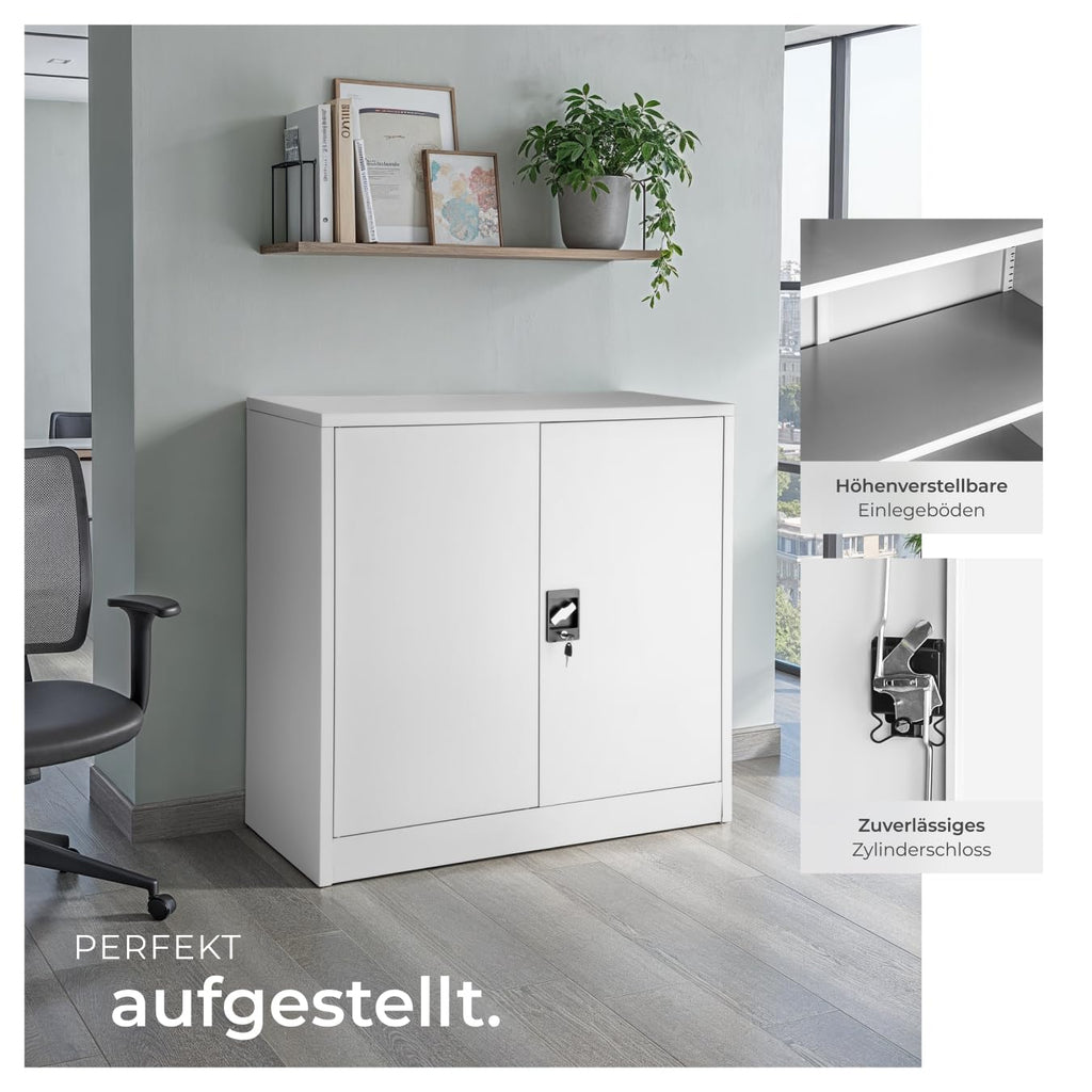 tectake® Aktenschrank abschließbar, Metallschrank mit Sicherheits-Zylinderschloss, Büroschrank abschließbar, Mehrzweckschrank aus Stahl, 3 höhenverstellbare Einlegeböden, 90 x 40 x 90 cm - grau
