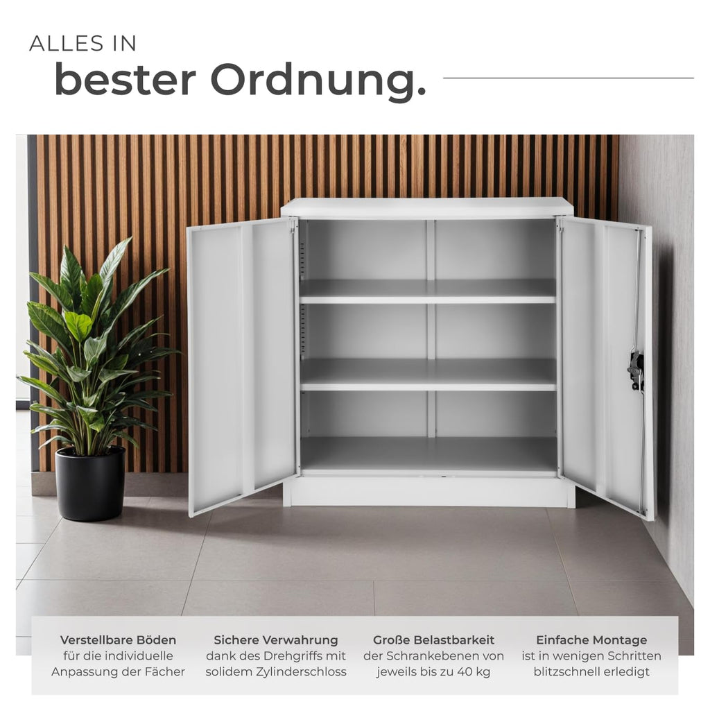tectake® Aktenschrank abschließbar, Metallschrank mit Sicherheits-Zylinderschloss, Büroschrank abschließbar, Mehrzweckschrank aus Stahl, 3 höhenverstellbare Einlegeböden, 90 x 40 x 90 cm - grau