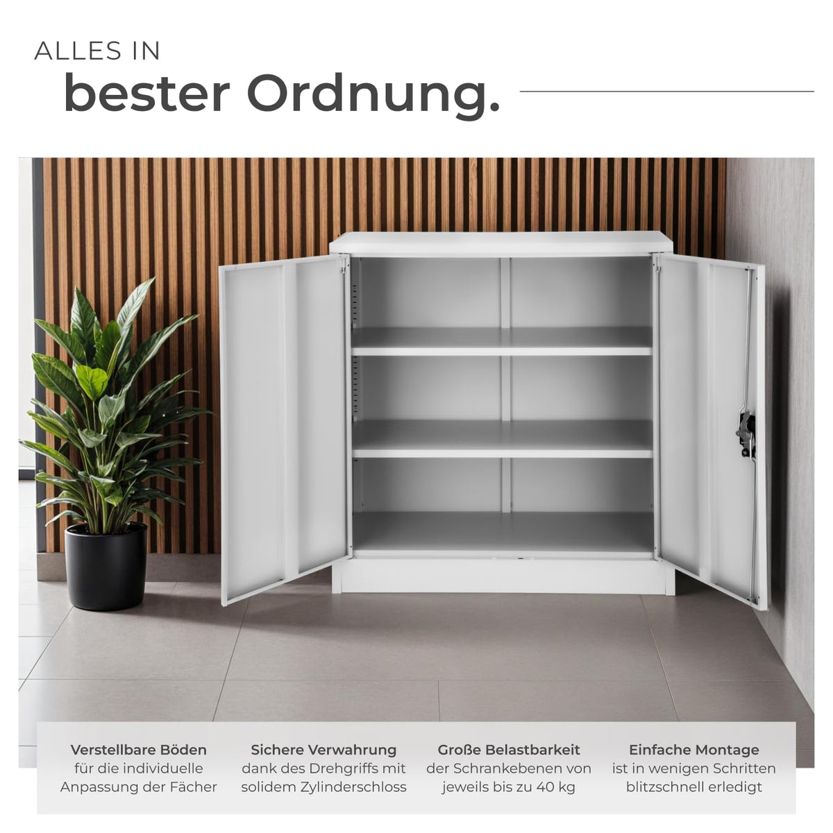 tectake® Aktenschrank abschließbar, Metallschrank mit Sicherheits-Zylinderschloss, Büroschrank abschließbar, Mehrzweckschrank aus Stahl, 3 höhenverstellbare Einlegeböden, 90 x 40 x 90 cm - grau