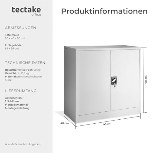 tectake® Aktenschrank abschließbar, Metallschrank mit Sicherheits-Zylinderschloss, Büroschrank abschließbar, Mehrzweckschrank aus Stahl, 3 höhenverstellbare Einlegeböden, 90 x 40 x 90 cm - grau