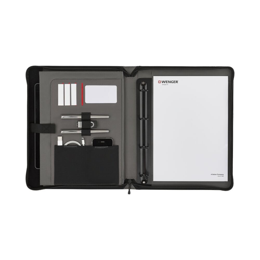 WENGER Venture Schreibmappe mit Tragegriff, Padfolio mit Business-Organizer, 10 Zoll Tabletfach, Polyester/Vinyl, A4-Notizbuch, Damen Herren, Schwarz, 611710