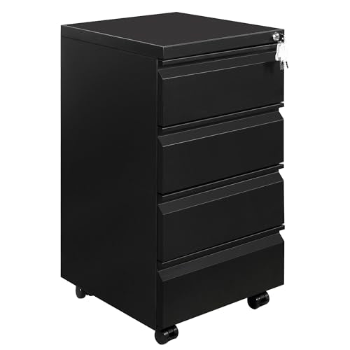 Rollcontainer, Mobiler Aktenschrank mit Schloss, 4 Schlüssel, 4 Schubladen, Büroschrank aus Metall, Bereits Vormontiert, für Büro, Heimbüro, Schwarz