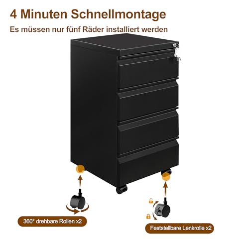Rollcontainer, Mobiler Aktenschrank mit Schloss, 4 Schlüssel, 4 Schubladen, Büroschrank aus Metall, Bereits Vormontiert, für Büro, Heimbüro, Schwarz