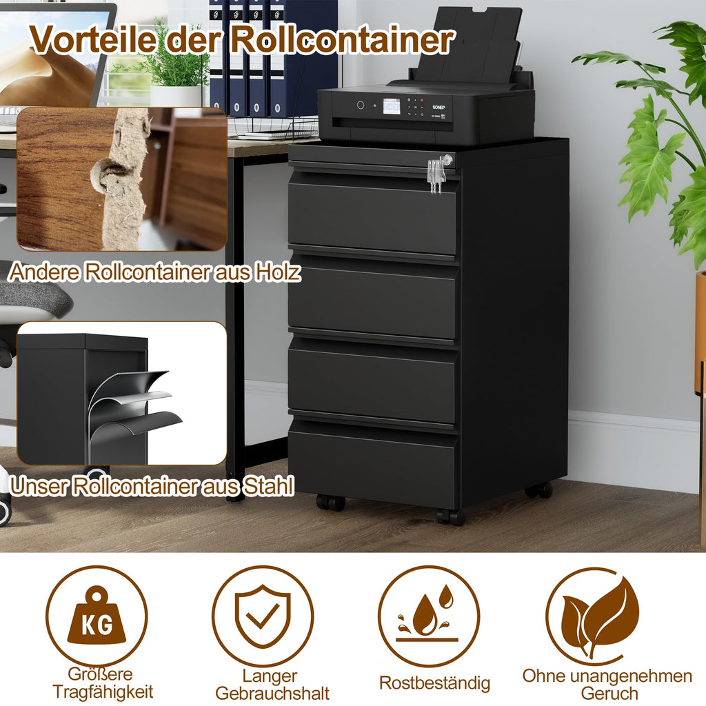 Rollcontainer, Mobiler Aktenschrank mit Schloss, 4 Schlüssel, 4 Schubladen, Büroschrank aus Metall, Bereits Vormontiert, für Büro, Heimbüro, Schwarz
