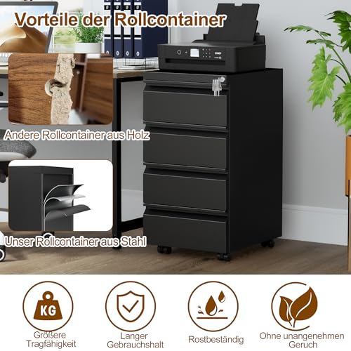 Rollcontainer, Mobiler Aktenschrank mit Schloss, 4 Schlüssel, 4 Schubladen, Büroschrank aus Metall, Bereits Vormontiert, für Büro, Heimbüro, Schwarz