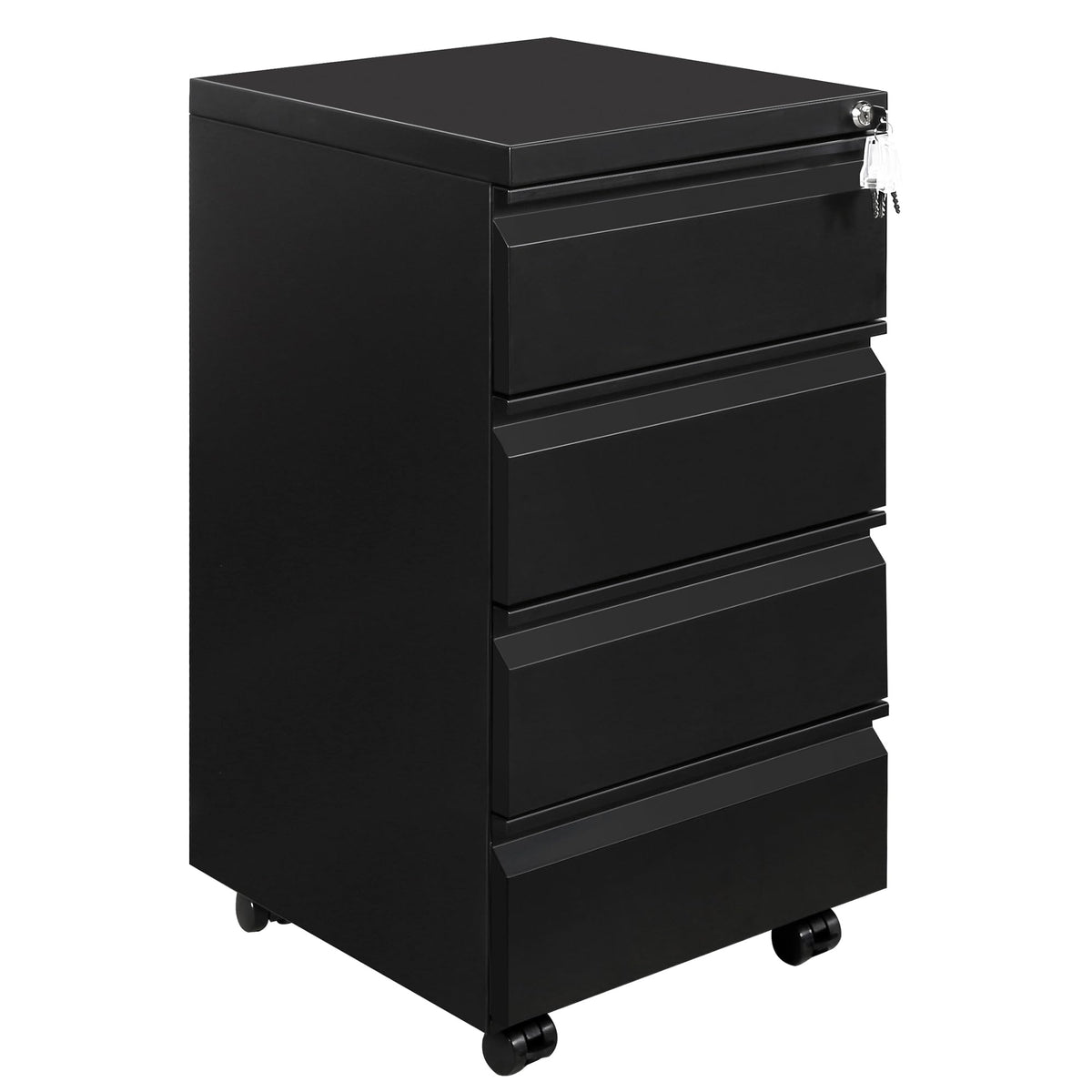 Rollcontainer, Mobiler Aktenschrank mit Schloss, 4 Schlüssel, 4 Schubladen, Büroschrank aus Metall, Bereits Vormontiert, für Büro, Heimbüro, Schwarz