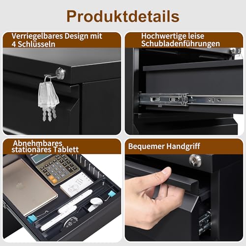 Rollcontainer, Mobiler Aktenschrank mit Schloss, 4 Schlüssel, 4 Schubladen, Büroschrank aus Metall, Bereits Vormontiert, für Büro, Heimbüro, Schwarz