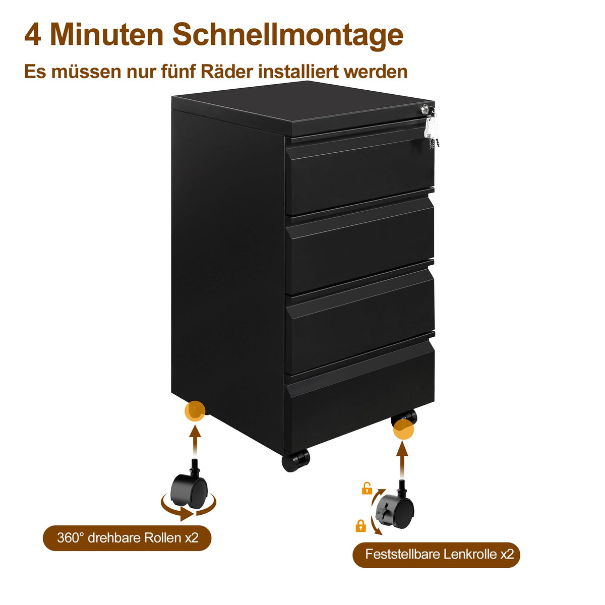 Rollcontainer, Mobiler Aktenschrank mit Schloss, 4 Schlüssel, 4 Schubladen, Büroschrank aus Metall, Bereits Vormontiert, für Büro, Heimbüro, Schwarz