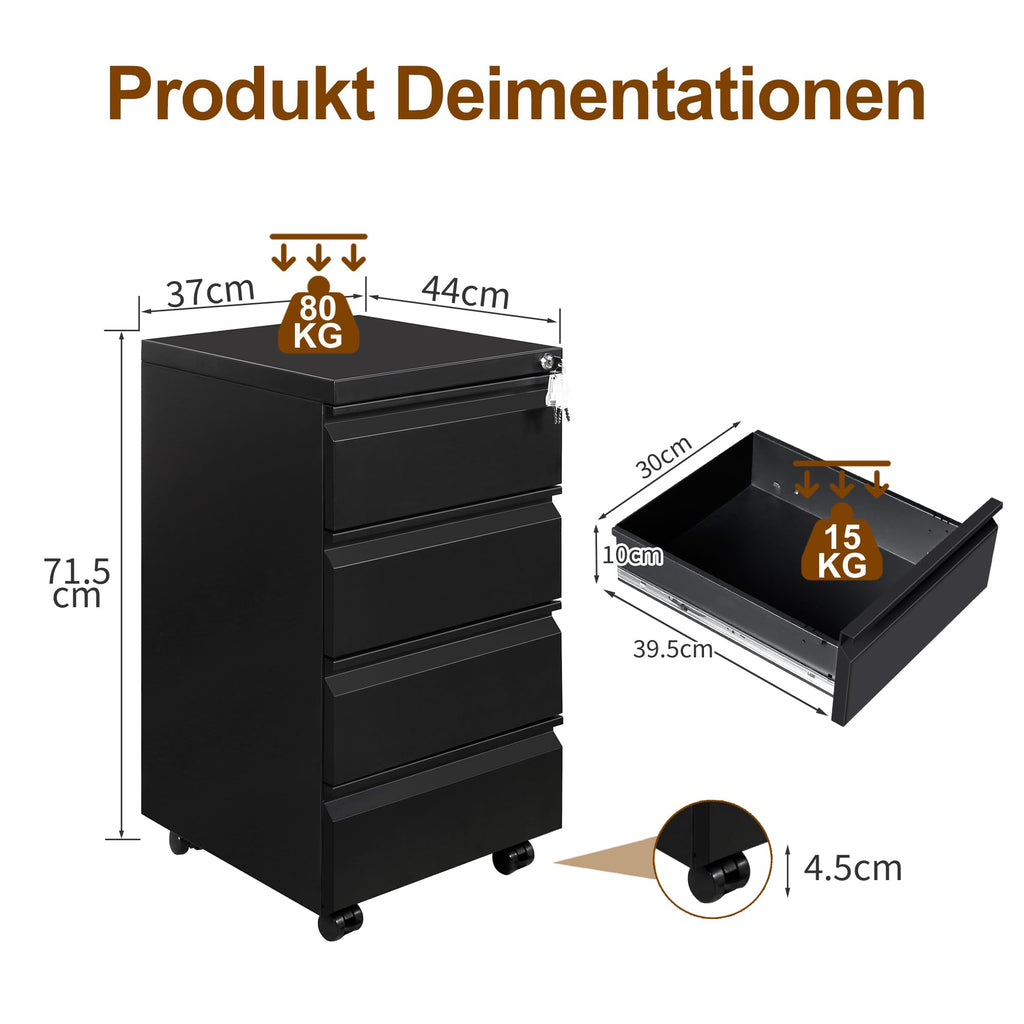 Rollcontainer, Mobiler Aktenschrank mit Schloss, 4 Schlüssel, 4 Schubladen, Büroschrank aus Metall, Bereits Vormontiert, für Büro, Heimbüro, Schwarz