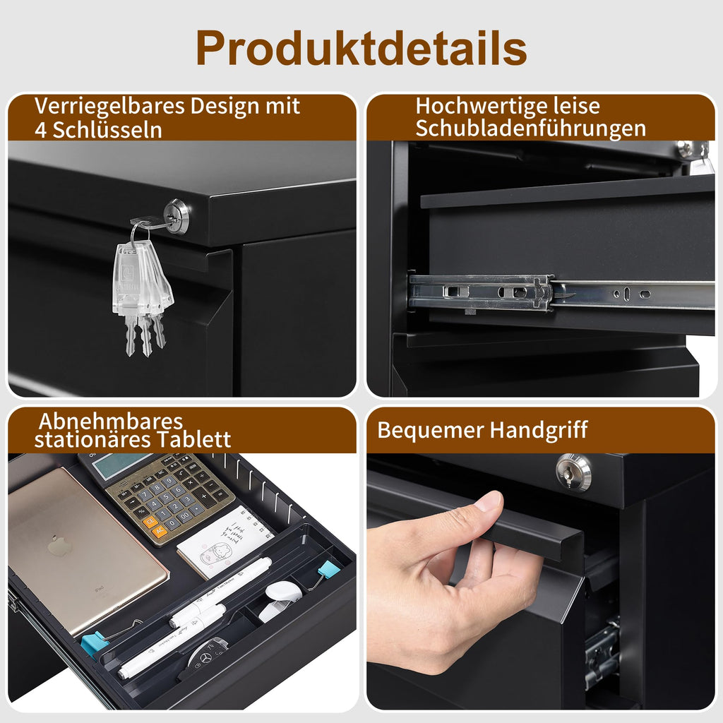Rollcontainer, Mobiler Aktenschrank mit Schloss, 4 Schlüssel, 4 Schubladen, Büroschrank aus Metall, Bereits Vormontiert, für Büro, Heimbüro, Schwarz