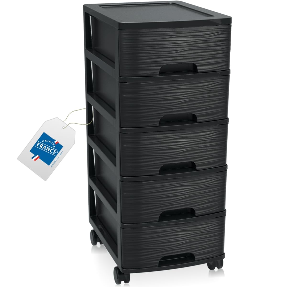 Schubladenschrank mit Rollen Rollcontainer mit 5 Schubladen Rollschrank aus Kunststoff Rollwagen (Schwarz)