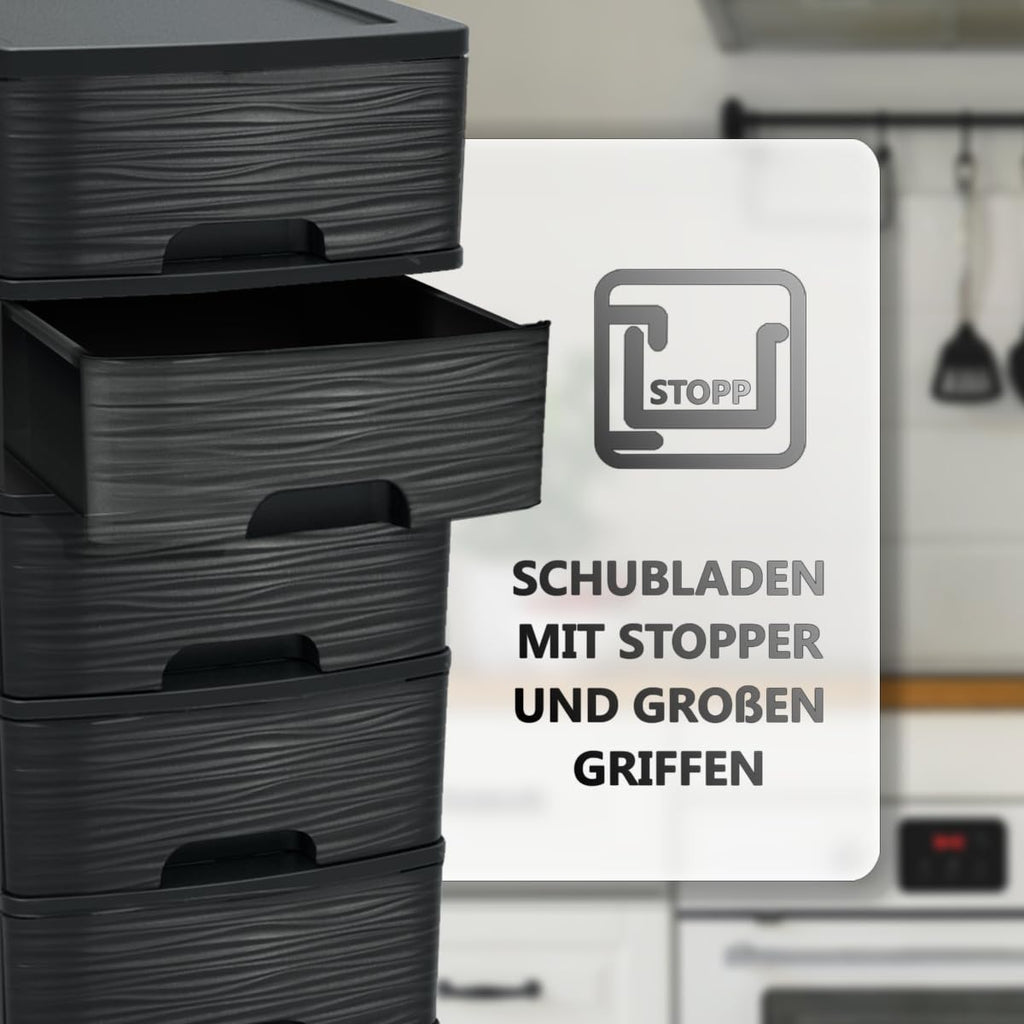 Schubladenschrank mit Rollen Rollcontainer mit 5 Schubladen Rollschrank aus Kunststoff Rollwagen (Schwarz)