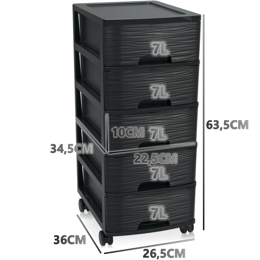 Schubladenschrank mit Rollen Rollcontainer mit 5 Schubladen Rollschrank aus Kunststoff Rollwagen (Schwarz)