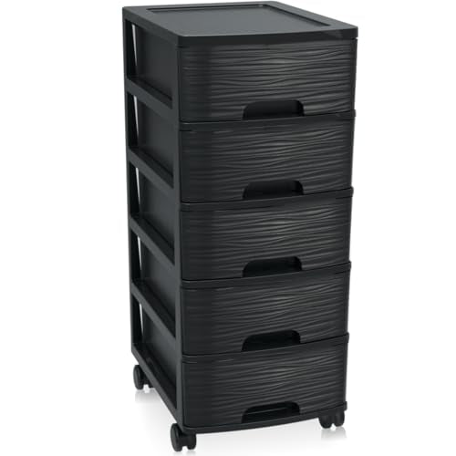 Schubladenschrank mit Rollen Rollcontainer mit 5 Schubladen Rollschrank aus Kunststoff Rollwagen (Schwarz)